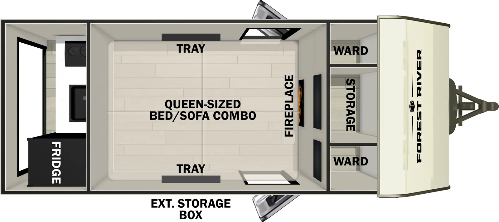 The No Boundaries NB10.7 floorplan has two entries and zero slide outs. Exterior features include: fiberglass exterior and outside kitchen. 